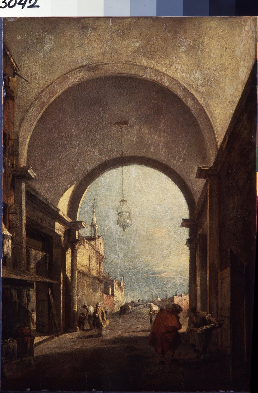 ヴェネツィアのビュー (シティ ビュー)。 Francesco Guardi (1712-1793) による絵画、1770 年頃。木に油彩。 ロココ様式のベネチアン アート。 エルミタージュ美術館サンクトペテルブルク。 作： フランチェスコ・グアルディ