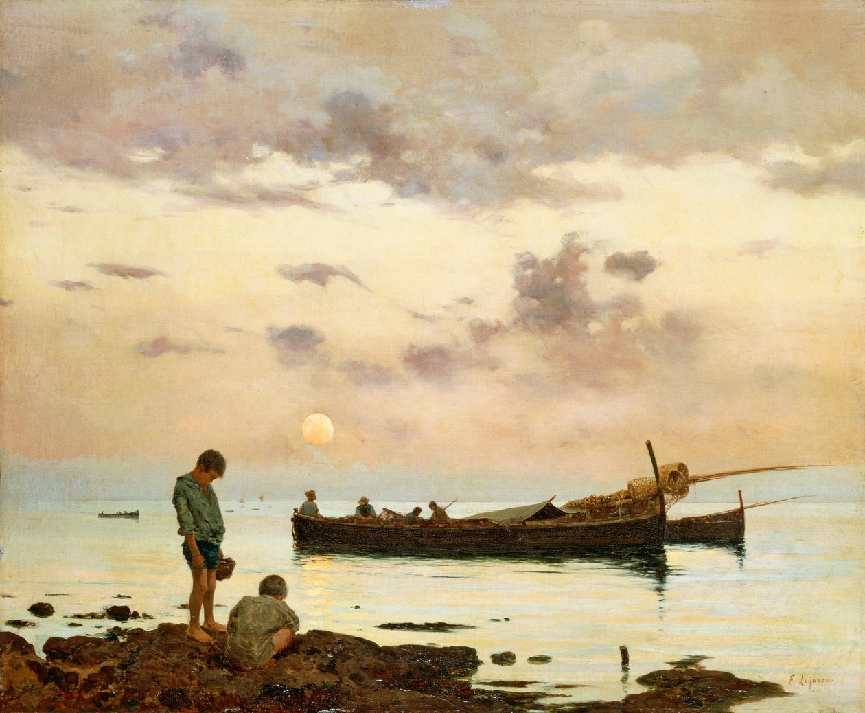 漁船と少年のいるマリーナ、Francesco Lojacono (1838-1915) 作、キャンバスに油彩、64x77 cm 作： フランチェスコ・ロハコノ
