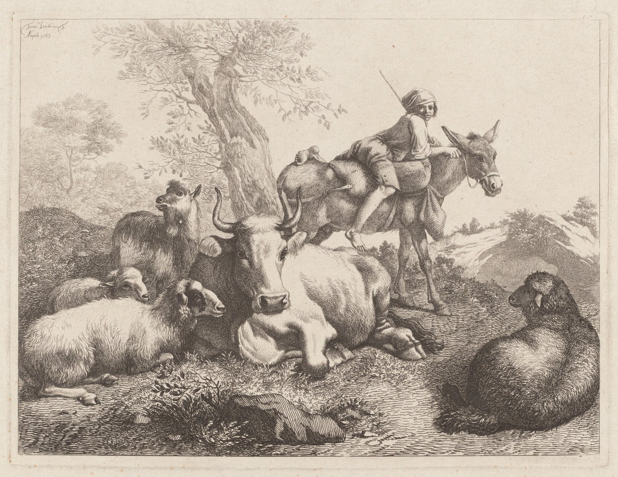 動物の群れを見守るロバに乗った少年、1763年。 作： Francesco Londonio