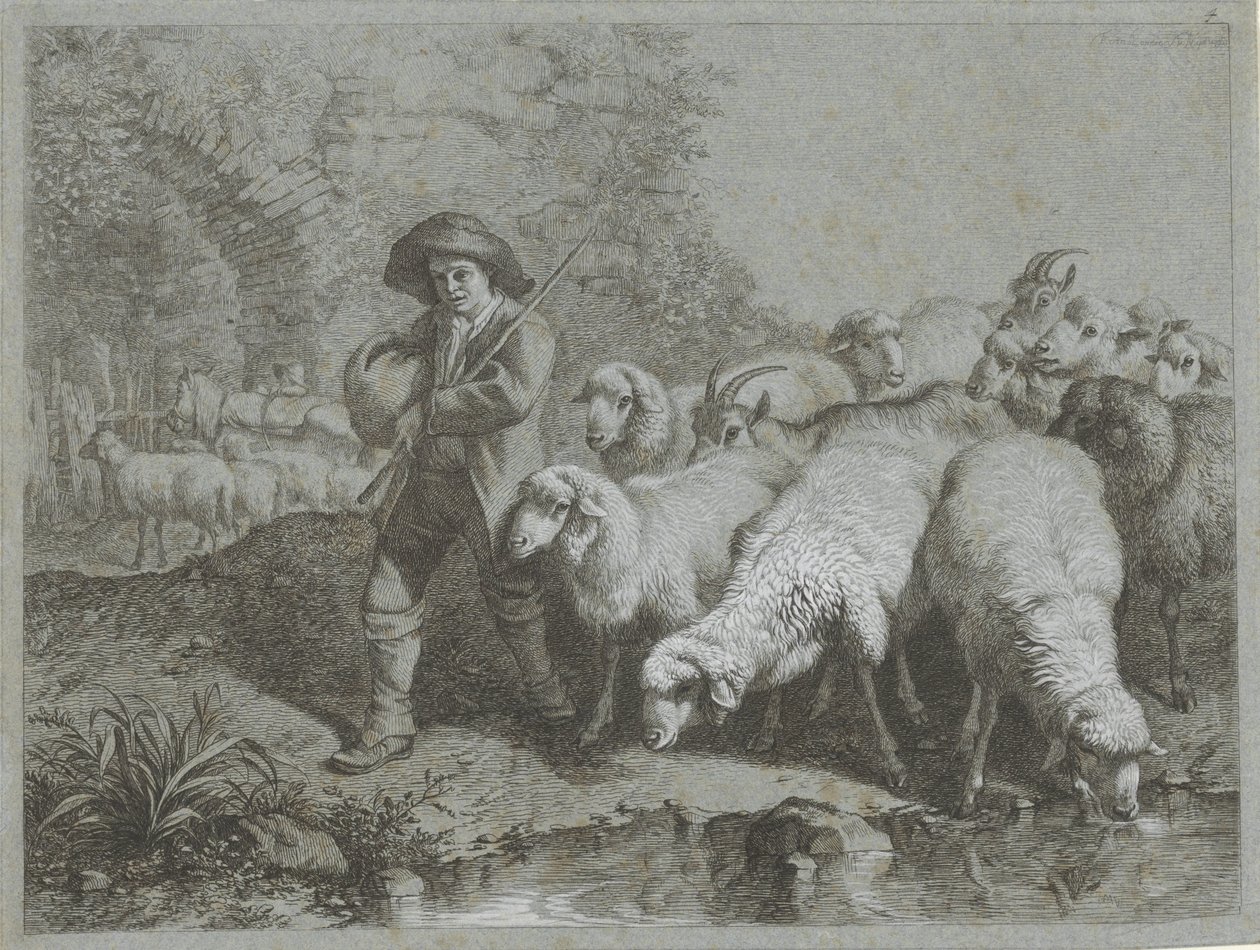 羊と山羊の群れを持つ羊飼い シェパード シーンズ (シリーズ タイトル) 作： Francesco Londonio