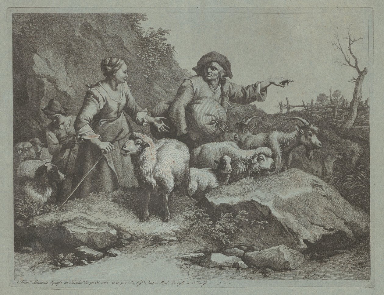 1765年以降の、袋と2人の羊飼いを持つ農民の男性. 作： Francesco Londonio