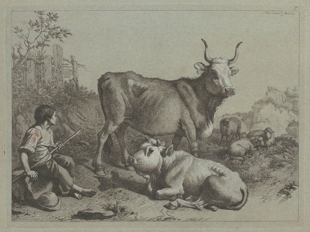雄牛と雄牛と一緒に座っている羊飼い、1763年。 作： Francesco Londonio