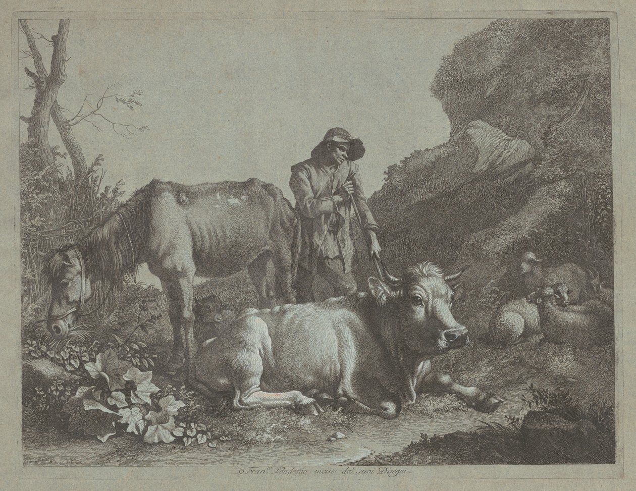 1767年以降、古い馬とリクライニングする雄牛と一緒にステッキで休む羊飼い。 作： Francesco Londonio