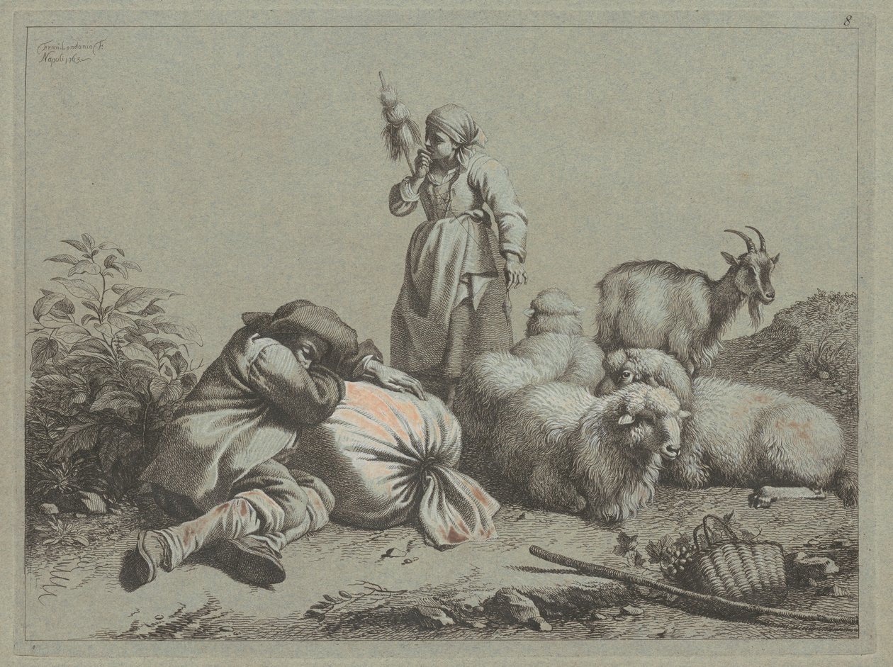 眠る農民と立つ紡績工、1763年。 作： Francesco Londonio