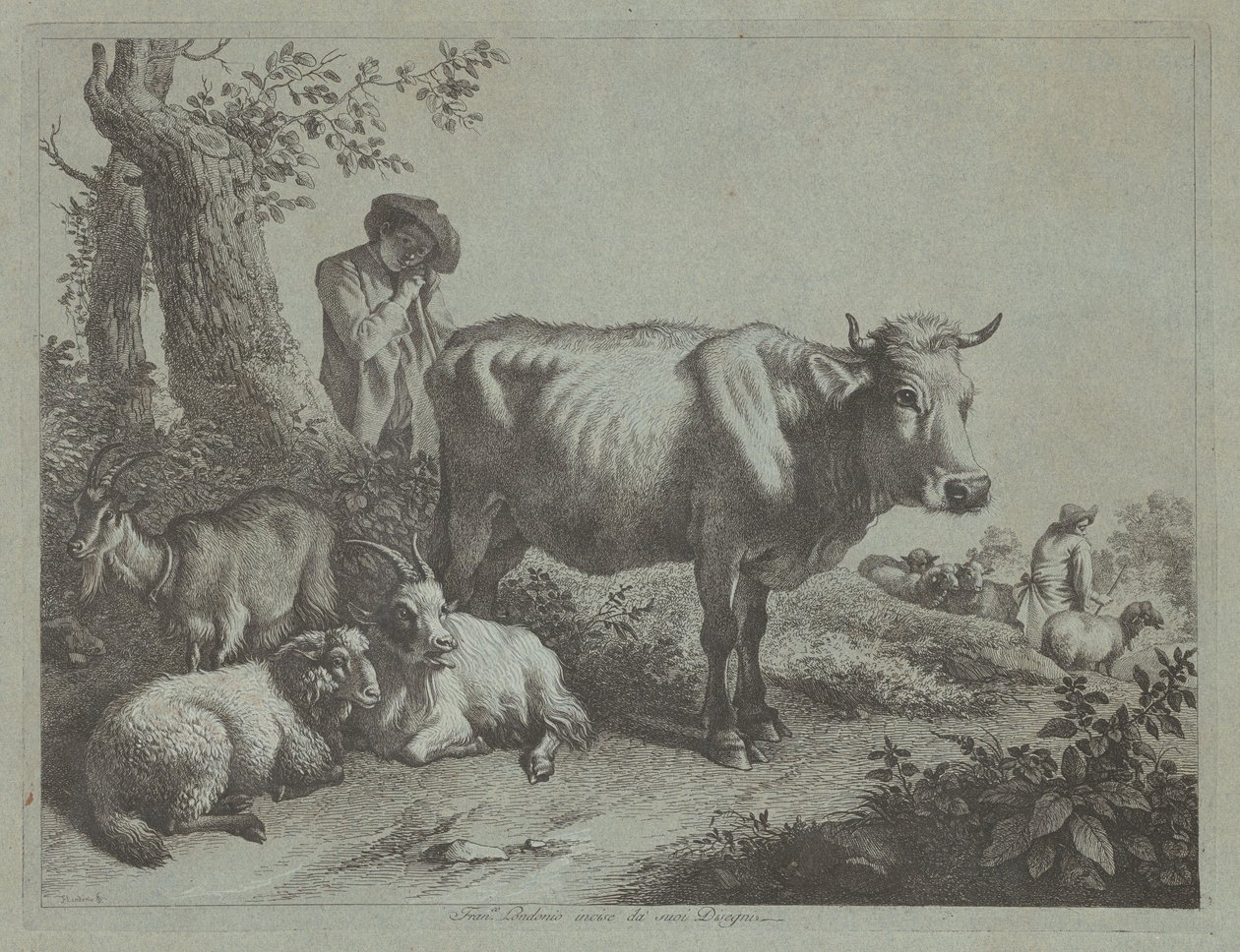 立っている牛と羊飼いの少年、1760 年代。 作： Francesco Londonio