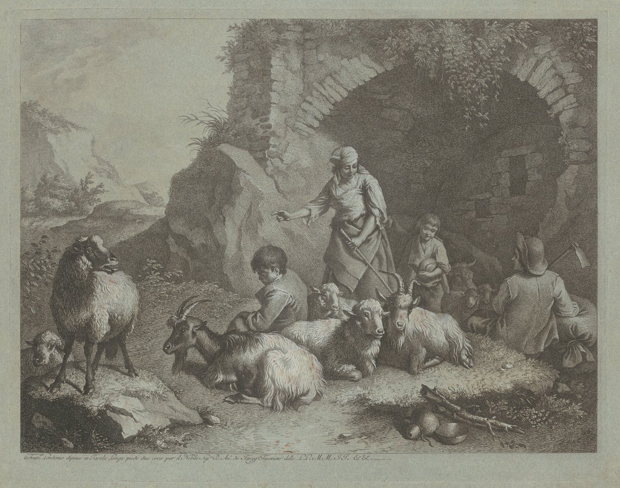 アーチの近くの女性、羊飼いの少年、羊、17591782。 作： Francesco Londonio