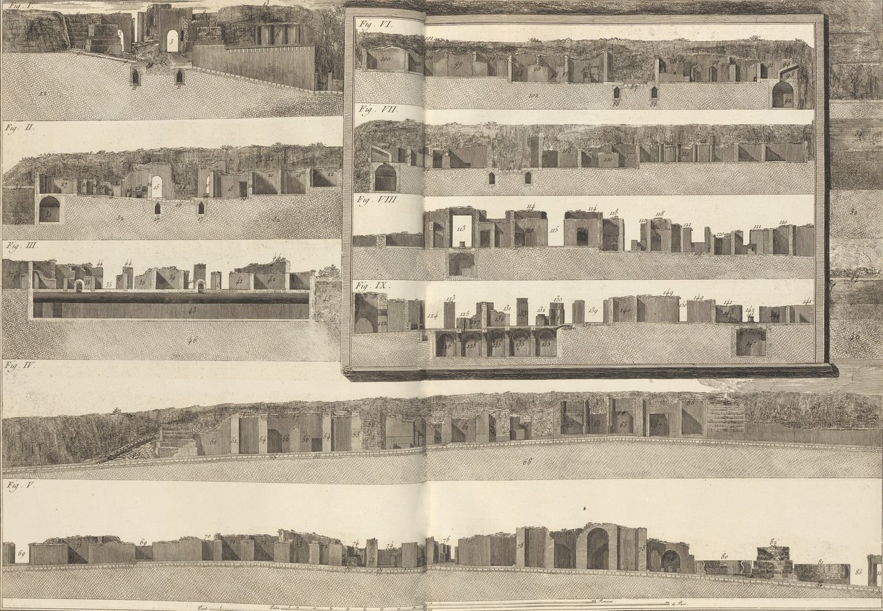 Pom...、1804 年の平面図に示されている建物のさまざまな側面を示す断面図。 作： フランチェスコ・ピラネージ