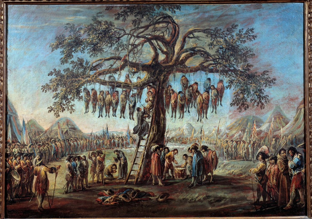 The hanged tree 囚人たちが木の枝にぶら下がって拷問を受けるという不気味な光景。ジャック・カロ（1592-1635）の「戦争の悲惨さ」シリーズの版画にヒントを得て描いたものです。フランチェスコ・シモニーニ（Francesco Simonini）による絵画 作： フランチェスコ・シモニーニ