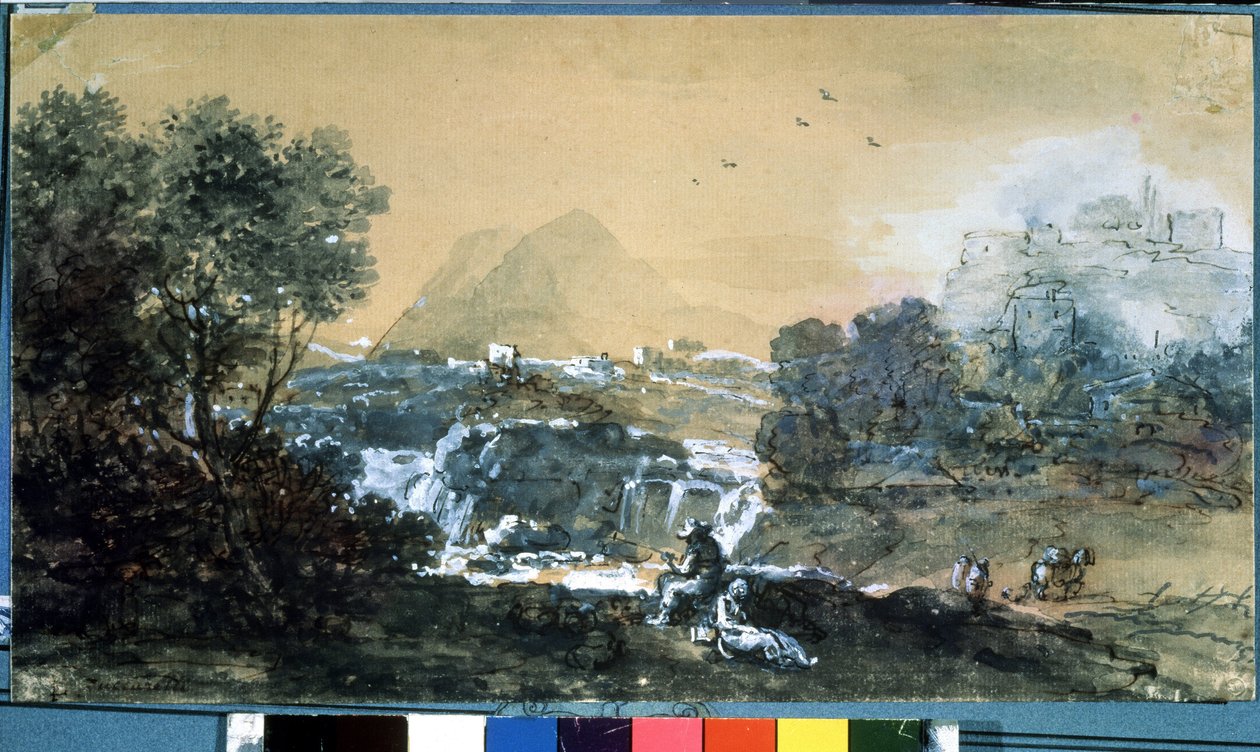 滝のある風景。 Francesco Zuccarelli (1702-1788) によるデッサン。 紙に水彩、インク 作： フランチェスコ・ズッカレッリ