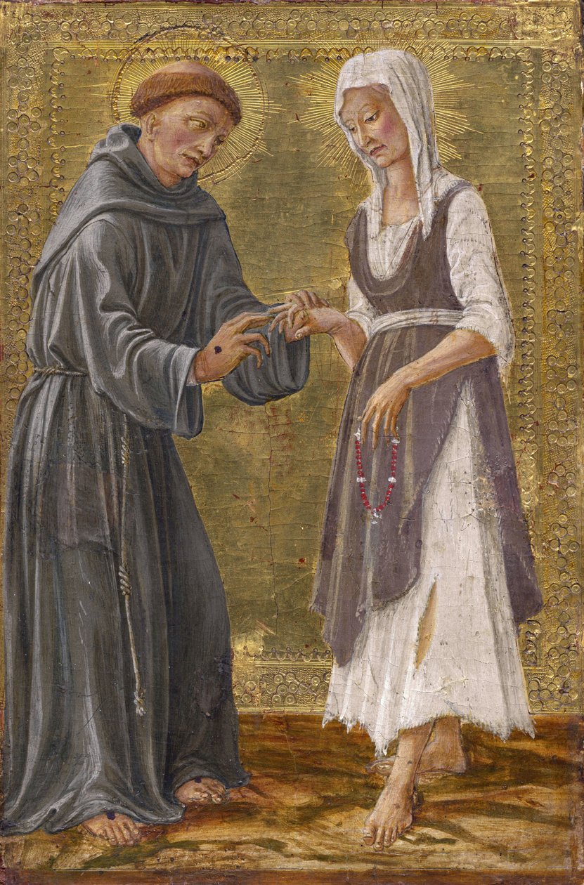 フランチェスコ・ディ・ジョルジョ・マルティーニ（1439-1501）による聖フランシスと貧困夫人の聖なる交換。 パネル上のテンペラ 作： フランチェスコ ディ ジョルジョ マルティーニ