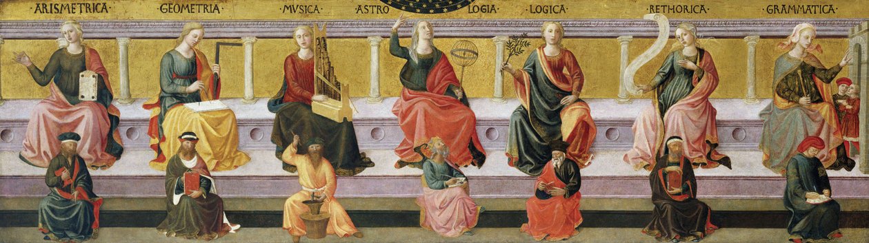 「七つのリベラルアーツ」（算術、幾何学、音楽、占星術、論理学、修辞学、文法） フランチェスコ・ディ・ステファノ・ペセリーノ（1422-1457）作 1450年頃 バーミンガム美術館、バーミンガム、アラバマ州 米国 ©DeAgostini/Leemage 作： フランチェスコ・ディ・ステファノ・ペセッリーノ