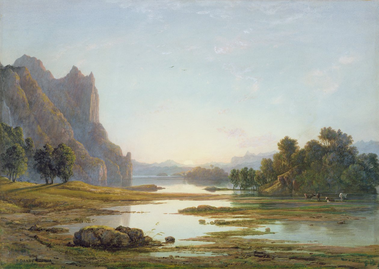 川の風景に沈む夕日、1840年頃（紙にグラファイトの上にボディカラーのあるトイレ） 作： フランシス・ダンビー