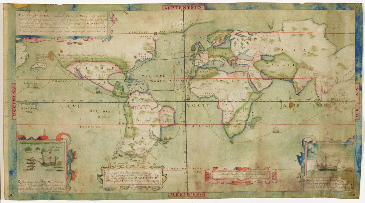 フランシスドレイクの海軍遠征の真の描写。5隻の船で1577年12月13日にイギリス西部を出発し、地球を周航し、9月26日に帰還しました。 作： フランシス・ドレイク