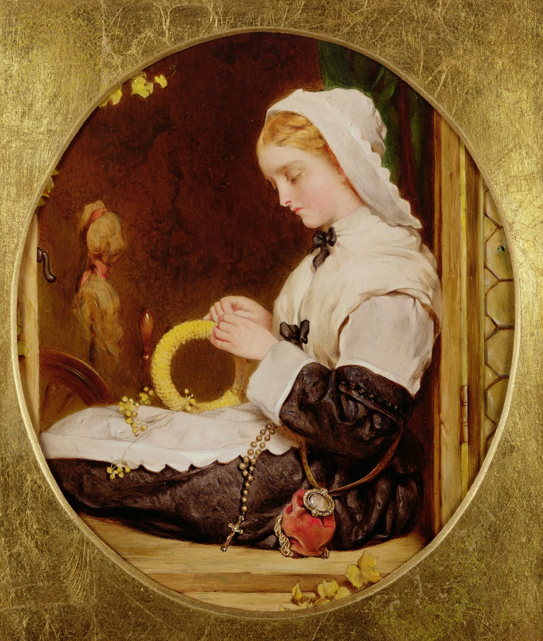 窓際で縫う婦人、1859年（パネル） 作： フランシス・ジョン・ワイバード