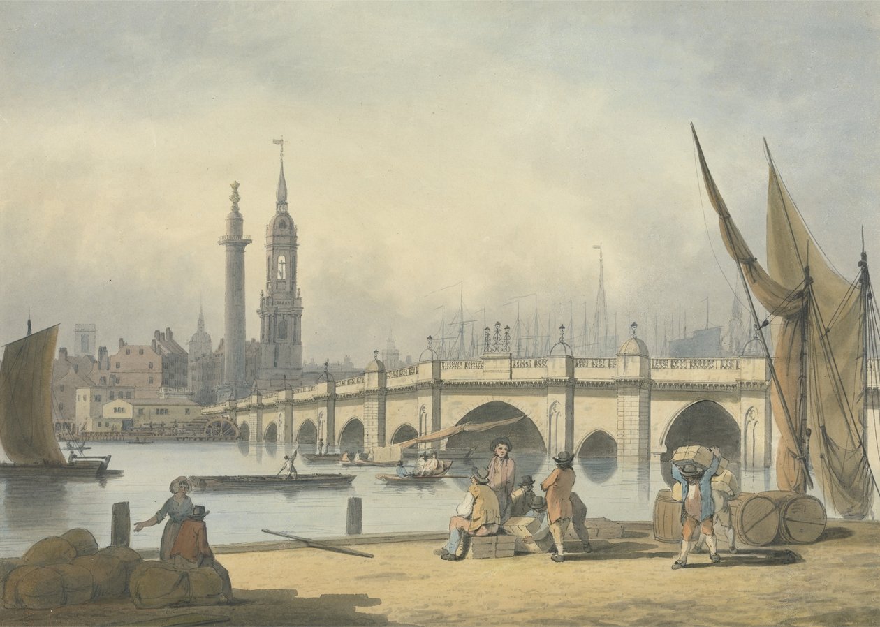 ロンドン橋と記念碑、1795年頃（グラファイト、トイレ、紙にインク） 作： フランシス・ニコルソン