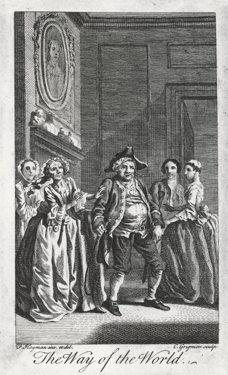 ウィリアム・コングリーブ（1670-1729）作『世の習い』の一場面。1700年3月、リンカーンズ・イン・フィールズでフランシス・ヘイマンが描いた絵をチャールズ・グリニョンが彫ったもの。イギリス 作： フランシス（後）ヘイマン