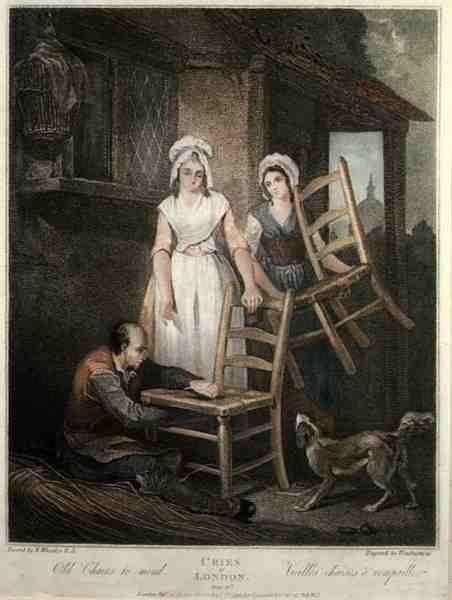 "Old Chairs to Mend"、ジョバンニ・ヴェンドラミーニ（1769-1839）が彫った「The Cries of London」のプレート10、Colnaghi & Co.が出版した。 作： フランシス（後）ウィートリー