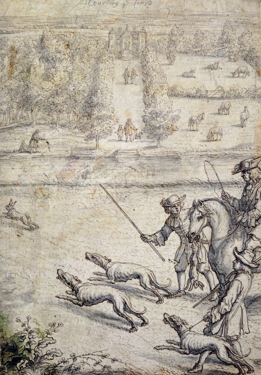 うさぎのコース、リチャード・ブローメの「紳士のレクリエーション」パブのイラスト。 1686年（紙にペンとインクで洗う） 作： フランシス・バーロウ
