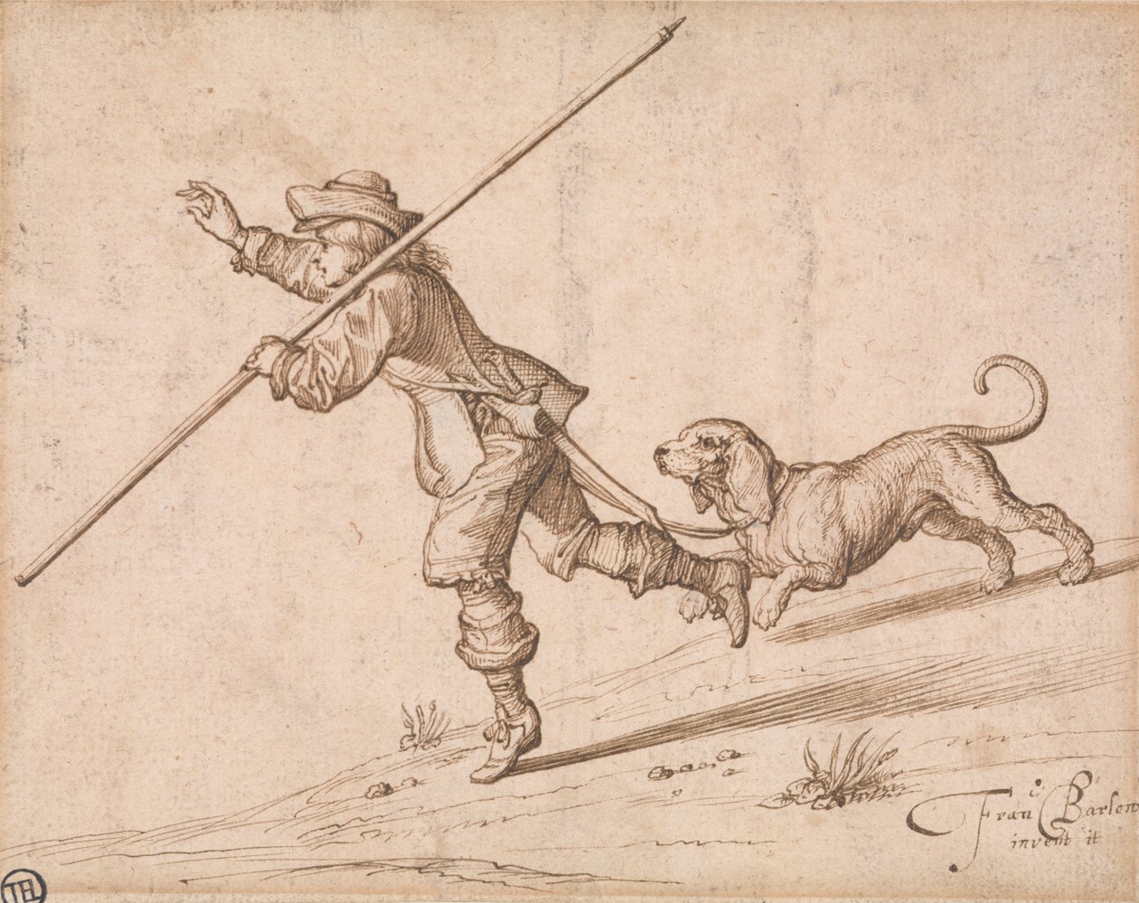 Homem caçando com um bastão pontiagudo e um cão de caça 作： フランシス・バーロウ