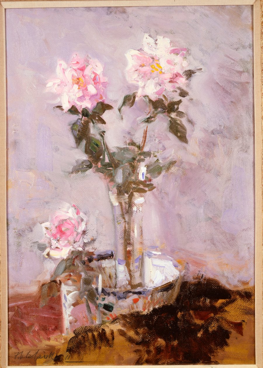ガラスの花瓶のピンクのバラ 作： フランシス・キャンベル・ボワロー・カデル