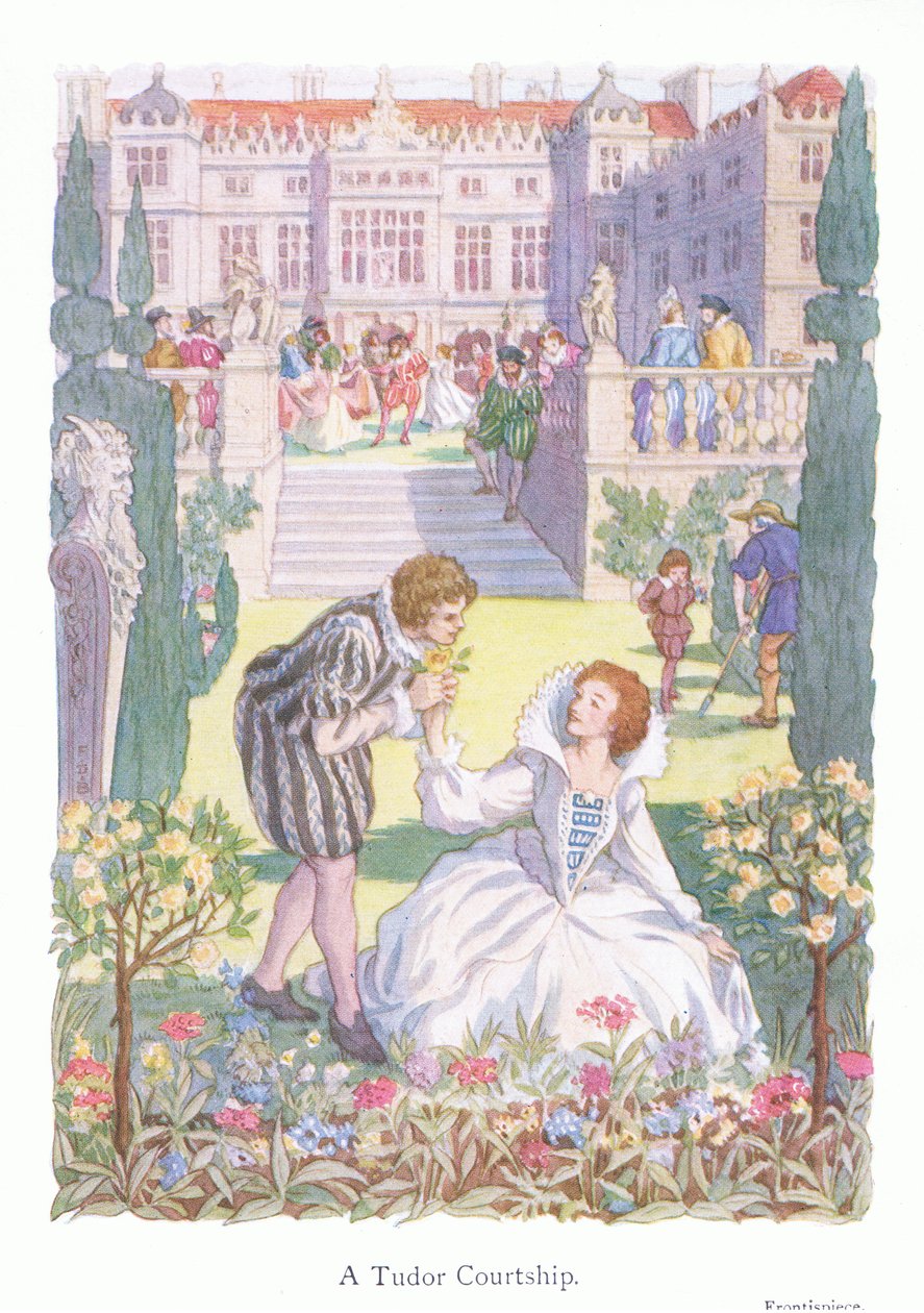 チューダー朝の求婚（カラーリトグラフ） 作： フランシス・ドンキン・ベッドフォード