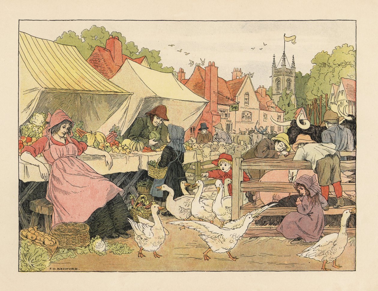 Viktorianische Kinder kaufen Gemüse, jagen Gänse und stochern Schweine auf einem Dorfmarkt. Chromolithographie nach einer Illustration von Francis Donkin Bedford aus Edward Verrall Lucas