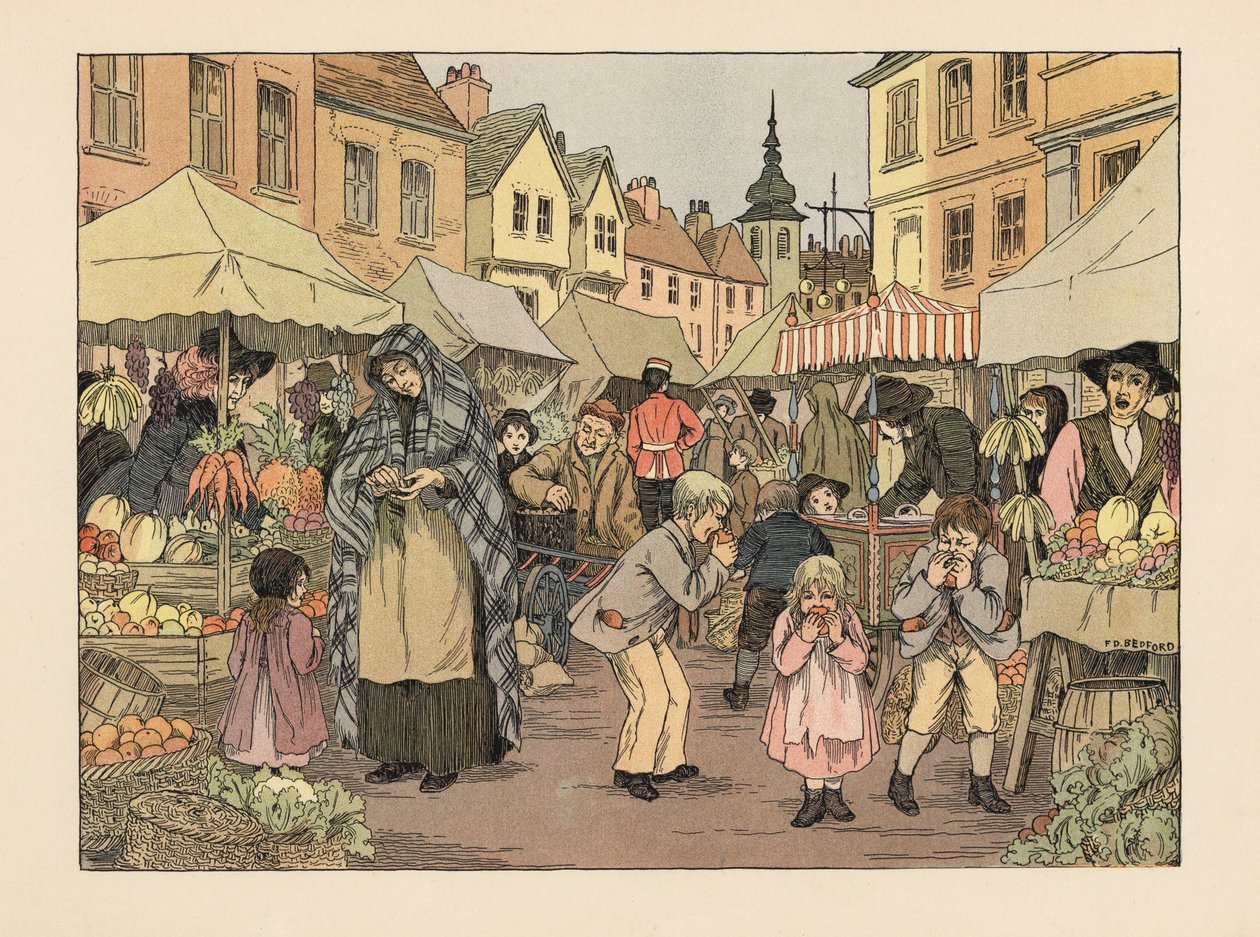 Viktorianische Kinder essen Penny-Orangen von Obst- und Gemüseständen auf einem Markt im Londoner East End. Chromolithographie nach einer Illustration von Francis Donkin Bedford aus Edward Verrall Lucas