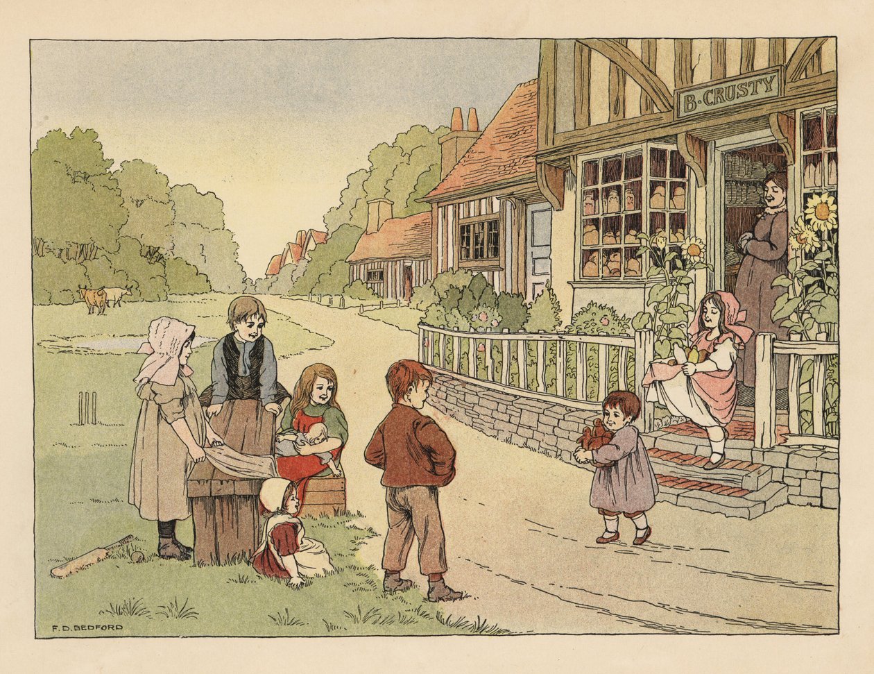 村のパン屋の外にいるヴィクトリア朝の子供たち。エドワード・ヴェラール・ルーカスの『The Book of Shops』からフランシス・ドンキン・ベッドフォードのイラストをもとにしたクロモリトグラフ。 作： フランシス・ドンキン・ベッドフォード