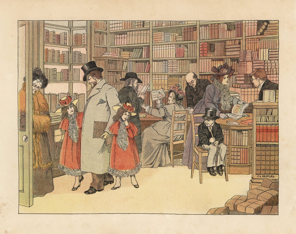 ヴィクトリア朝の書店の客。エドワード・ヴェラール・ルーカスの『The Book of Shops』からフランシス・ドーキン・ベッドフォードのイラストをもとにしたクロモリトグラフ。 作： フランシス・ドンキン・ベッドフォード