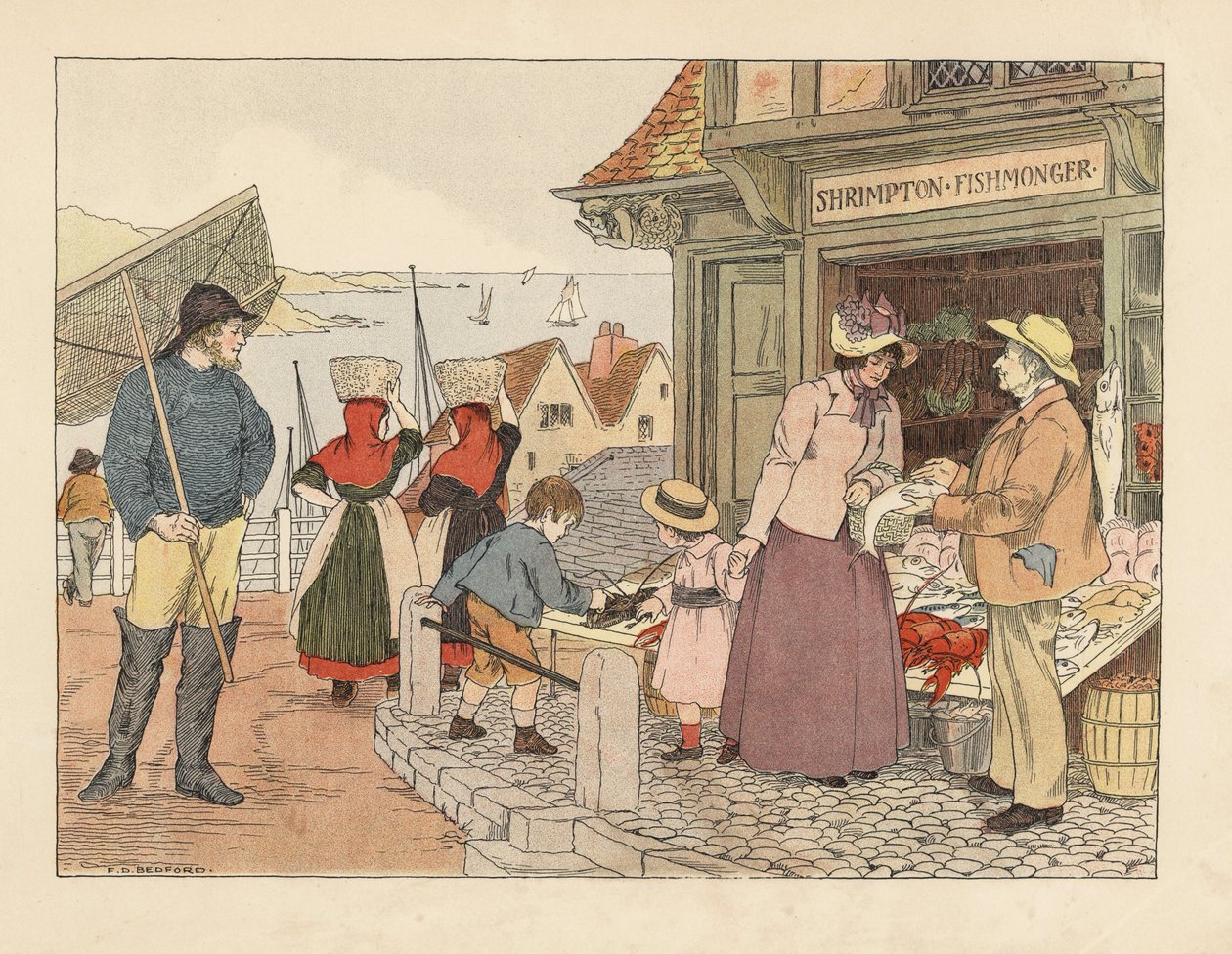Viktorianisches Fischgeschäft in der Nähe der Küste. Fischer in Stiefeln mit Netz und Fischfrauen mit Turnschuhen. Chromolithographie nach einer Illustration von Francis Donkin Bedford aus Edward Verrall Lucas