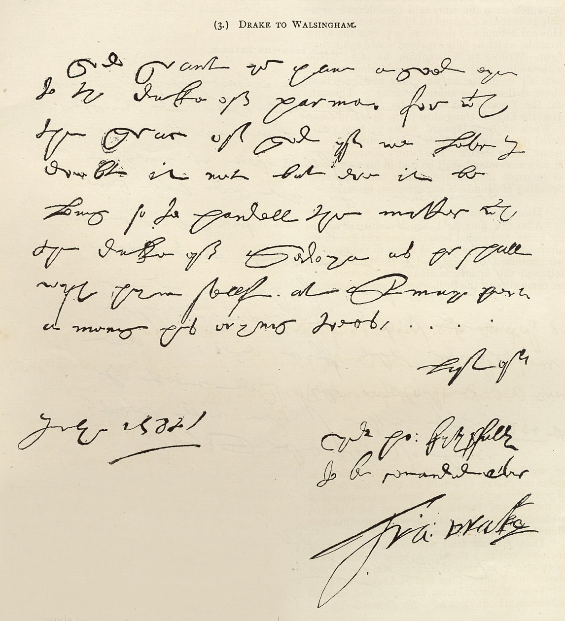 サーフランシスドレイクからサーフランシスウォルシンガムへの手紙は、1888年の「レジャーアワー」に掲載された1588年7月29日の署名（紙にインク） 作： フランシス・ドレイク