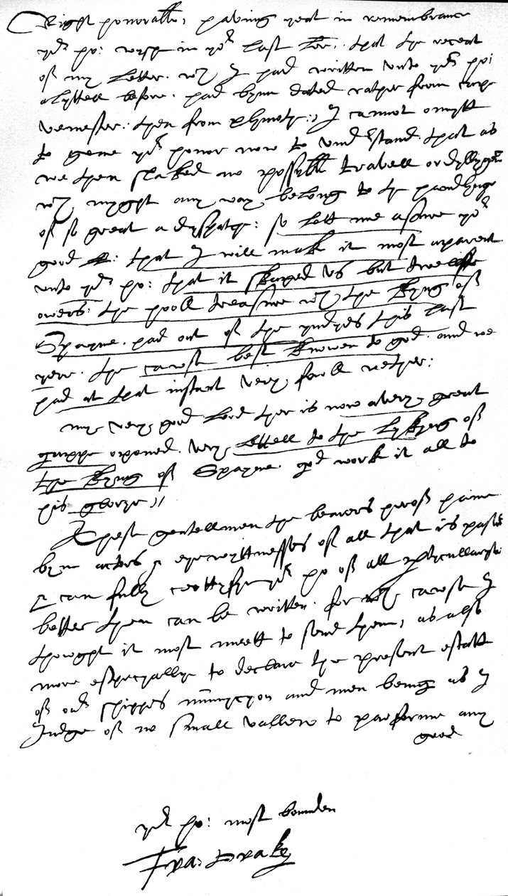 1586年7月26日、プリマスでの旗艦「エリザベスボナベンチャー」の船上に書かれたウィリアムセシル、バーリー卿、高財務大臣への手紙（紙にペンとインク） 作： フランシス・ドレイク
