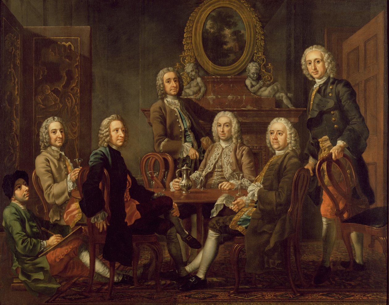 紳士のグループの肖像画、アーティスト、c.1745（キャンバスに油彩） 作： フランシス・ヘイマン