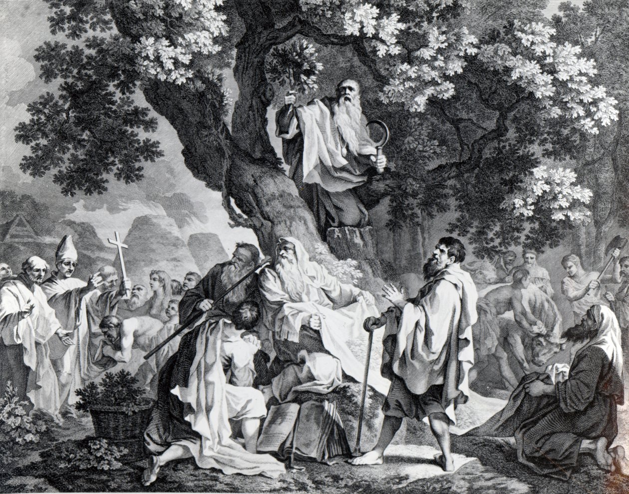 1778年に印刷されたSimon Francois Ravenetによって彫刻されたドルイド僧、または英国人からキリスト教への改宗 作： フランシス・ヘイマン