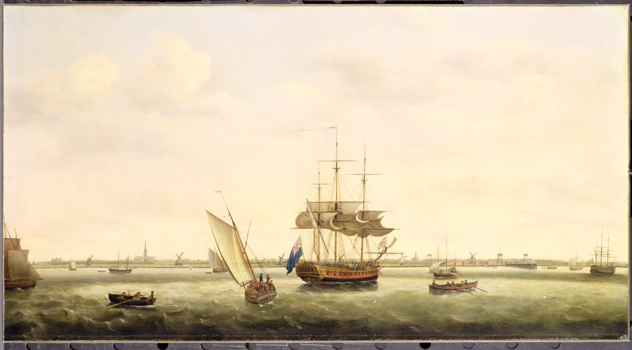1775年頃、ノーフォークのグレートヤーマス沖のアンカーにあるフリゲート「サプライズ」 作： フランシス・ホルマン