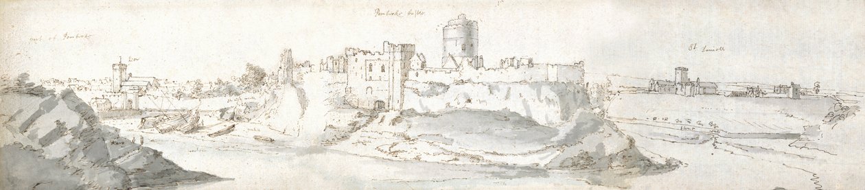ペンブローク城、1678年頃（紙に水彩、茶インク） 作： フランシスプレイス