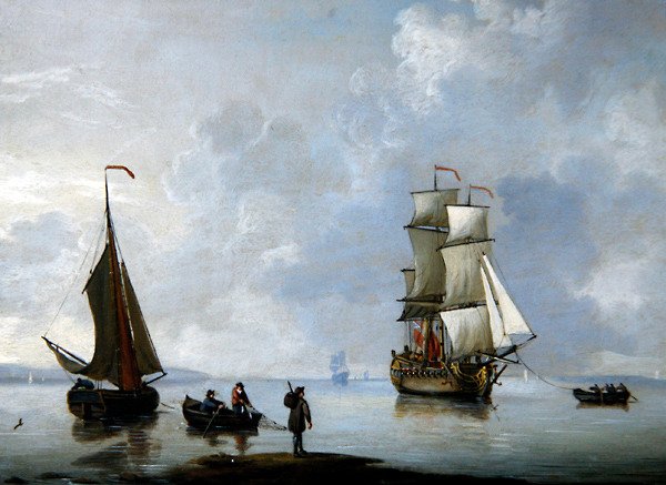 アンカーに曳航されるイギリス軍の戦艦（銅に油彩） 作： フランシス・スウェイン