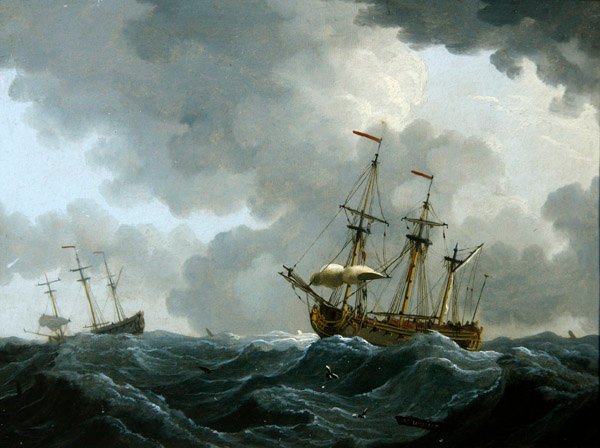 海兵隊員：近づく嵐の中の2隻のフリゲート艦（銅に油絵） 作： フランシス・スウェイン