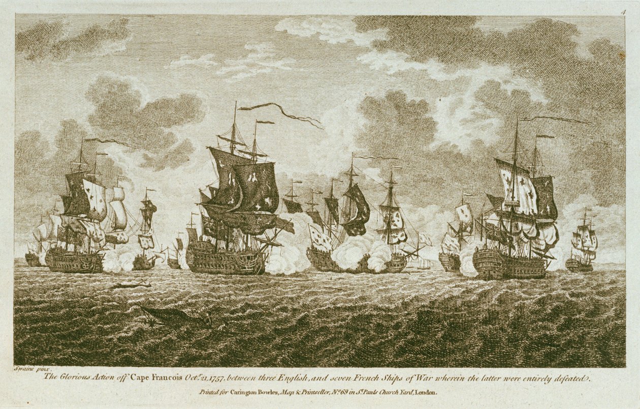12枚の海戦の版画。1757年10月21日、フランソワ岬沖でのイングランド軍とフランス軍7隻の戦艦との間で行われた栄光の戦闘。（エッチング） 作： フランシス・スウェイン