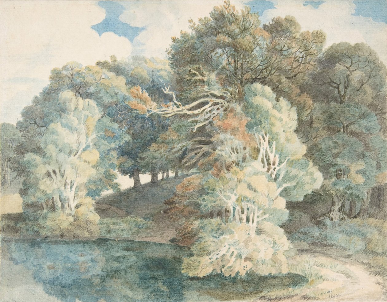 湖畔の木、ピーモア公園、デボン州エクセター近く、1790～1810年。 作： フランシス・タウン