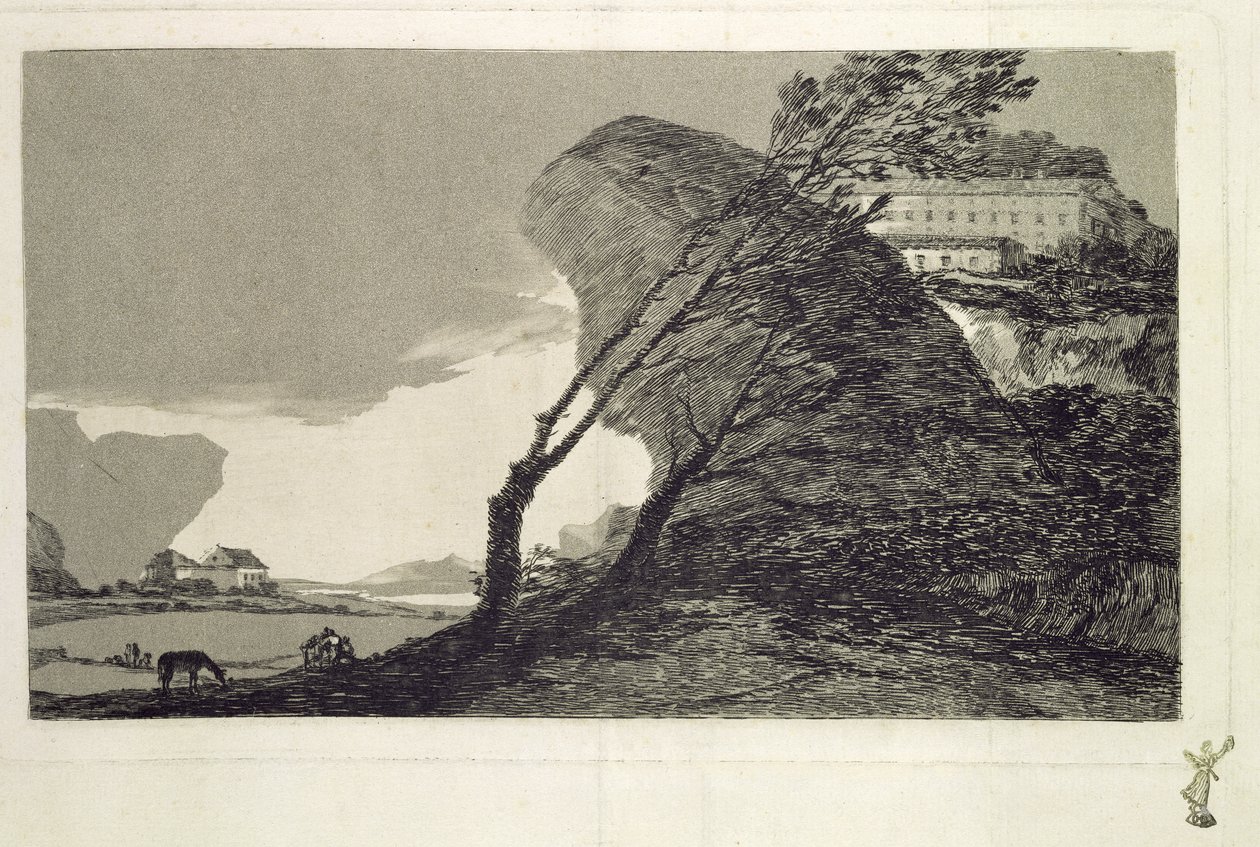1810年以前の大きな岩、建物、木のある風景（エッチングとアクアチント） 作： フランシスコ・デ・ゴヤ