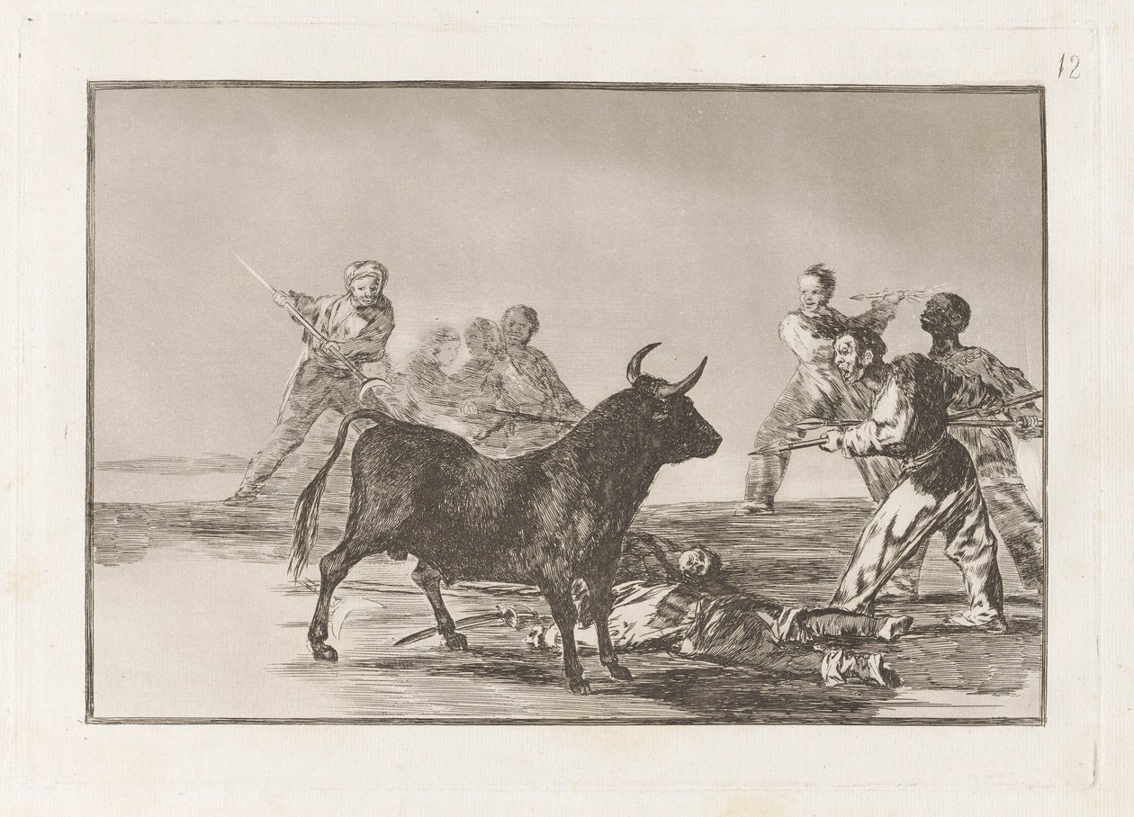 The Rabble Hamstring the Bull with Lances, Sickles, Banderillas and Other Arms, Plate 12 from 闘牛 作： フランシスコ・デ・ゴヤ