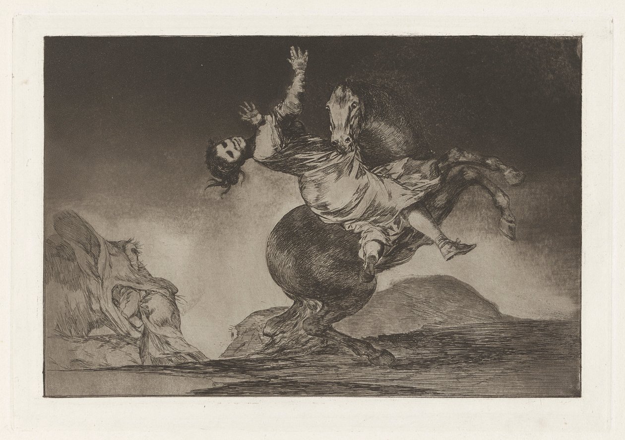 La mujer y el potro, que los tame otro (A Woman and a Horse, Let someone Else Master Them) としても知られる猛禽類の馬 (The Horse-Abductor)、シリーズ Los disparates (Los proverbios) から 作： フランシスコ・デ・ゴヤ
