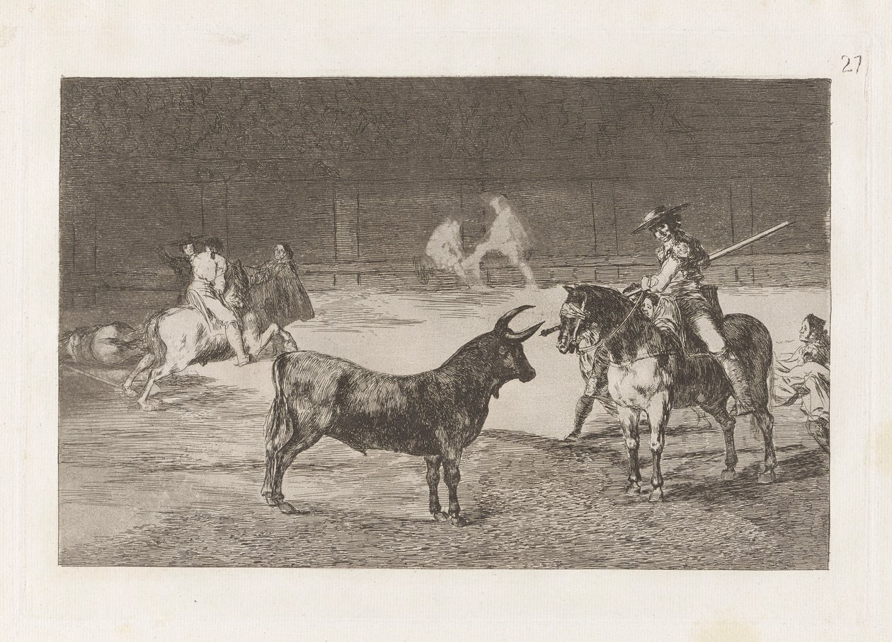 El c?lebre Fernando del Toro, barilarguero, forceing the beast with hispole (The Celebrated Picador, Fernando del Toro, Draws the Fierce Beast on his Pique), Plate 27 from La tauromaquia 作： フランシスコ・デ・ゴヤ