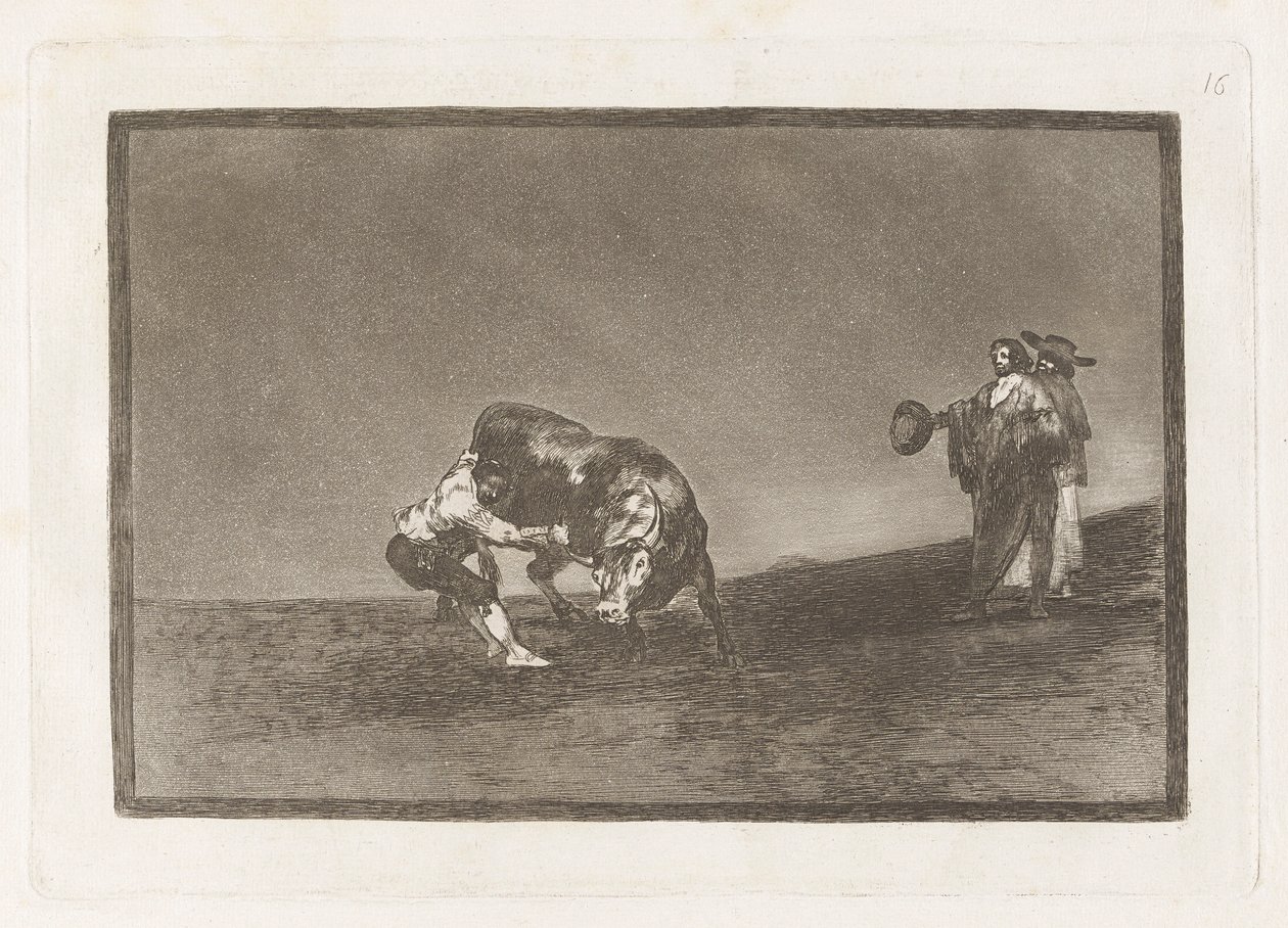 彼自身がマドリッド広場で雄牛をひっくり返す (The Same Man Throws a Bull in the Ring at Madrid), Plate 16 from La tauromaquia 作： フランシスコ・デ・ゴヤ