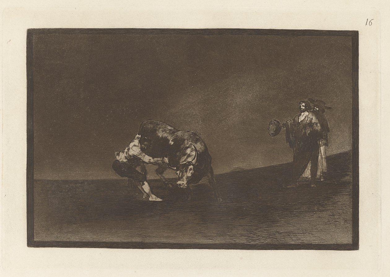 彼自身がマドリッド広場で雄牛をひっくり返す (The Same Man Throws a Bull in the Ring at Madrid), Plate 16 from La tauromaquia 作： フランシスコ・デ・ゴヤ