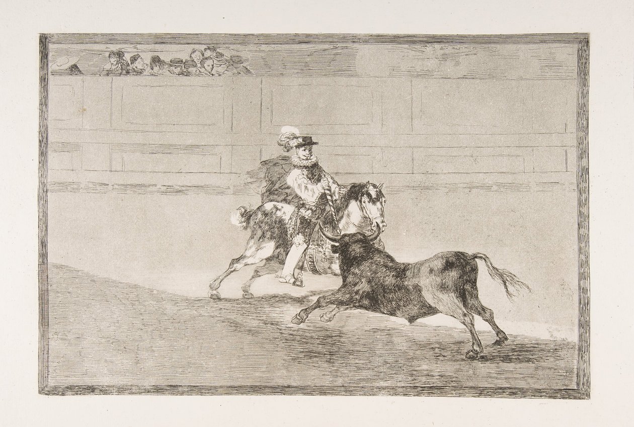 「タウロマキア」のプレート 13: 短い槍を壊す土俵に乗ったスペイン騎馬騎士 ..., 1816. 作： フランシスコ・デ・ゴヤ