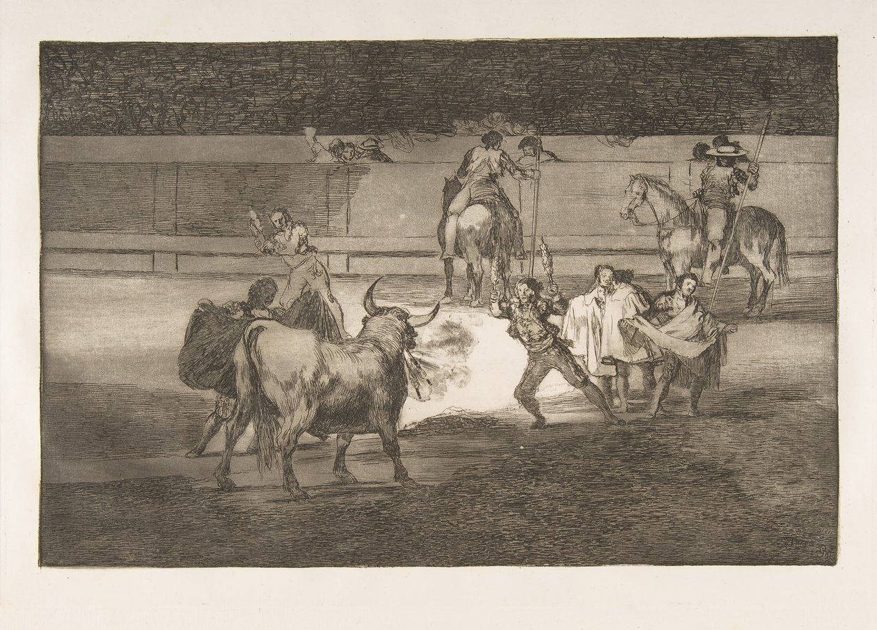 タウロマキアのプレート31：爆竹を使ったバンデリラ。1816年。 作： フランシスコ・デ・ゴヤ