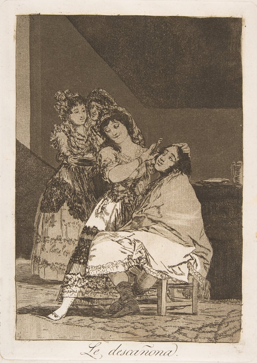 ロスカプリコスからのプレート35：彼女は彼から逃げるLedescañona。、1799。 作： フランシスコ・デ・ゴヤ