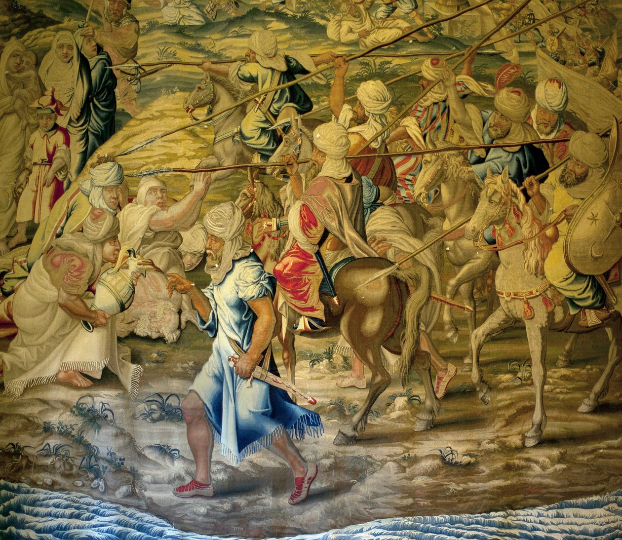 Les soldats arabe - Detail de la conquete de Tunis (チュニジア) - フランシスコとコーネリアス・ヴァン・デル・ゴット (18 世紀) によるタペストリー、王室のタペストリー工場で織られたもの、18 世紀半ば、ウィレム・デ・パンネメーカーによる 16 世紀のタペストリーの後 - (チュニス 征服 作： Francisco Ignacio Vandergoten Canyuwell